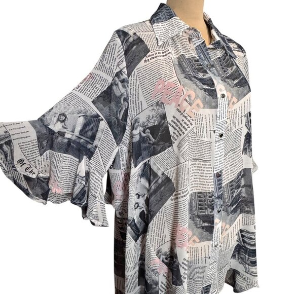 Why Dress Flowy Top Sz.L Newspaper Print Novelty Longline Ruffle 90s Maximalist - Picture 4 of 12